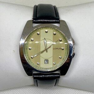 Lorus men’s watch date LR0955 silver tone 40mm beige dial black leather running